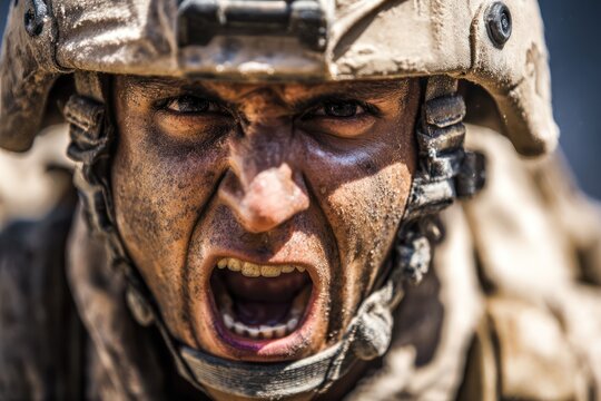 Fierce soldier shouting during difficult military drill