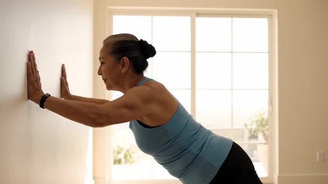A middle-aged Hispanic woman performs a wall push-up in a bright room. She has long black hair tied back and wears a blue tank top and black leggings.