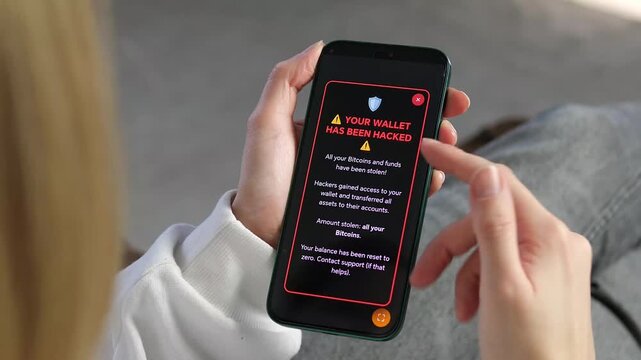 High quality footage of a Wallet Hacked alert on a phone. Visualizing cybercrime, Bitcoin theft, and digital security risks. Perfect for financial news, cybersecurity training, and blockchain fraud