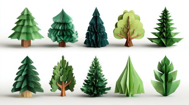 Collection of paper craft trees in different shapes and sizes arranged on a white background for crafting display