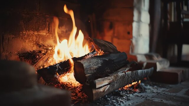 Warmth of a crackling fireplace indoors.