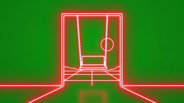 Neon outline of an empty swing set in a futuristic landscape, evoking nostalgia and a sense of isolation or waiting.