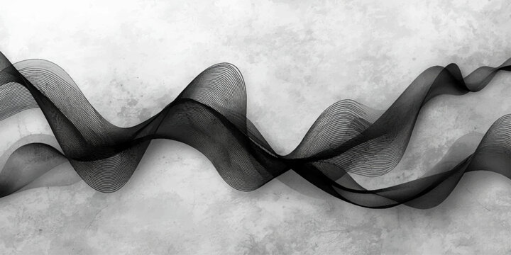 Elegant black smoke waves create a detailed gray texture and curved x-ray art pattern on a white background for a light metal design illustration