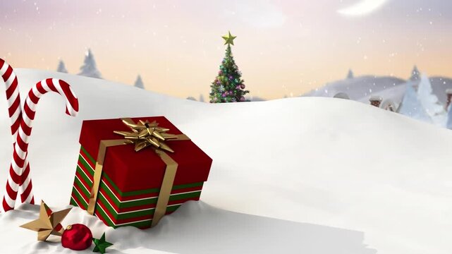 Animated red gift box and candies in a winter scene.
