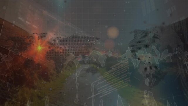 Animation of light spot over world map and globe against silhouette of people dancing