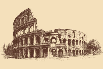 Colosseum, Italy illustration in a vintage style. This vector illustration can be used in any size you like for advertising, logos, and other work.