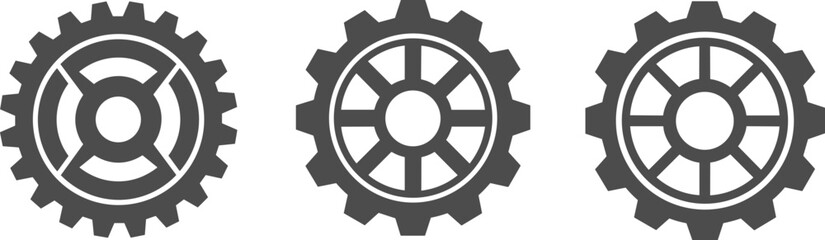 Obraz premium Three different gear icons in a row, representing mechanical parts and engineering concepts