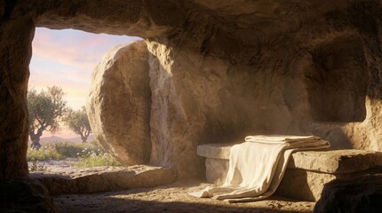 Fototapeta premium Empty tomb of Jesus Christ with burial cloth, open grave. Resurrection of Christ, Easter morning concept for religious holiday.