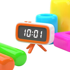 3d rendered digital clock surrounded by colorful geometric shapes in a vibrant setting