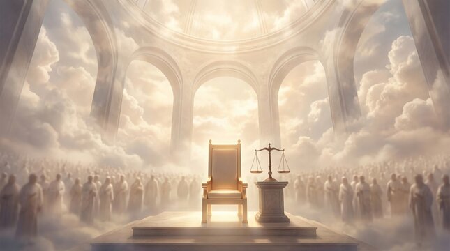 Empty golden throne on a platform with legal scale in a divine hall, surrounded by clouds and people. Concept of Last Judgment.