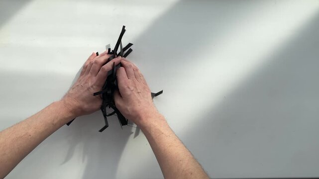 Black paper. White table. Tidying up. Slow motion video. High quality 4k footage