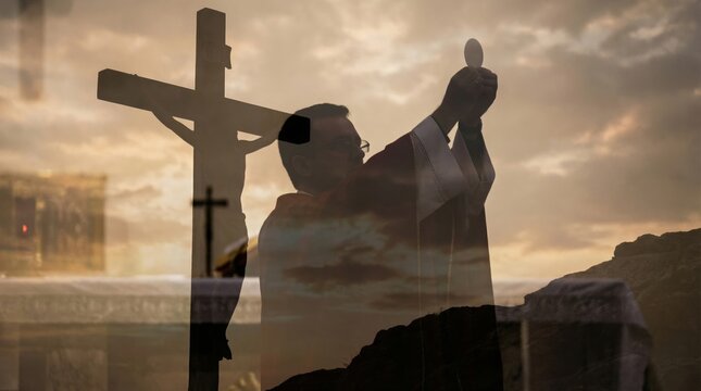 A priest holding a host with a silhouette of Jesus Christ on the cross. Catholic mass and religious ceremony for Christian worship and spiritual concept.