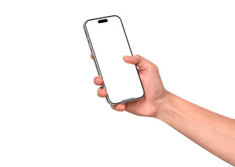 Hand using smartphone mockup with blank screen isolated on transparent background. Mobile phone with empty display for copy space.