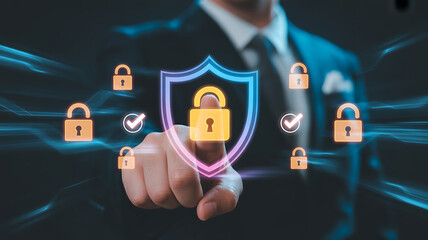 Businessman securing digital shield with padlock icons floating around for cybersecurity concept