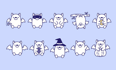 Obraz premium Adorable Little Bat Character Illustration Set with Various Halloween Themed Actions Like Hanging Holding a Moon Masked and Carrying a Pumpkin