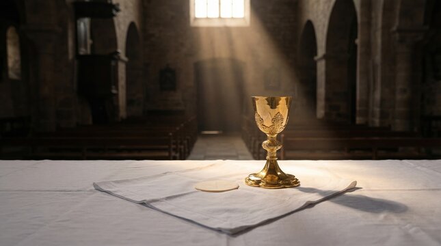 Golden chalice and host wafer on an altar in a church. Religious mass ceremony concept. Holy Communion for Christian worship.