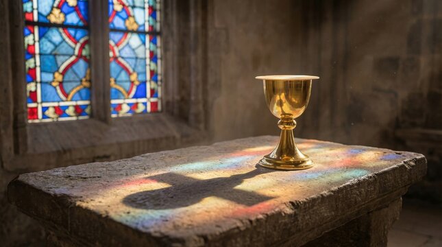 Golden chalice with host on stone altar inside an old church with stained glass window. Christian sacrament of Holy Communion.