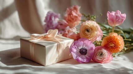 Obraz premium Minimal gift box placed next to fresh spring flowers, tulips and ranunculus, gifts for International Women's Day, spring holiday, March 8
