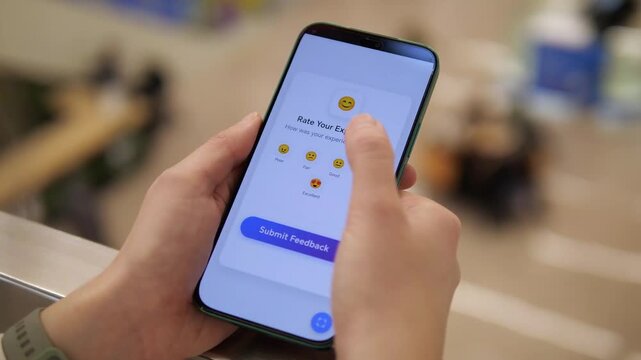 Person rating service experience on a mobile app using emojis. Close-up of submitting feedback for business improvement with a Thank You success screen. Ideal for customer service, retail marketing
