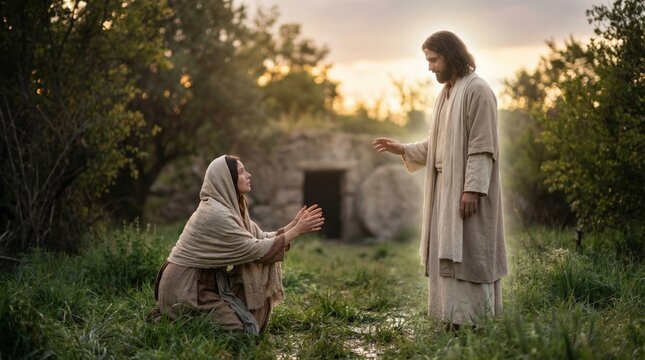 Jesus Christ appearing to a kneeling woman in a garden after resurrection. Biblical scene for Easter holiday and religious concept.