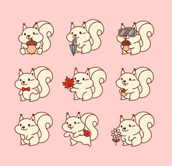 Obraz premium Adorable white squirrel characters mascot set performing different activities like holding acorn umbrella autumn leaf and flower in cute style