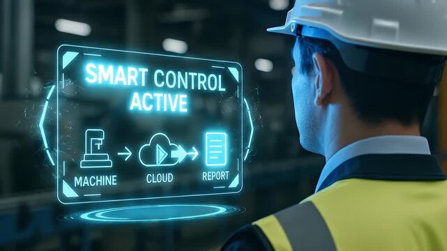 Smart control active technology machine cloud report interface engineer safety helmet industrial factory environment futuristic innovation digital monitoring system industry worker helmet safety