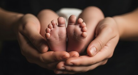 Parent's Gentle Hands Cupping Tiny Newborn Baby's Feet, Symbol of Love and Protection