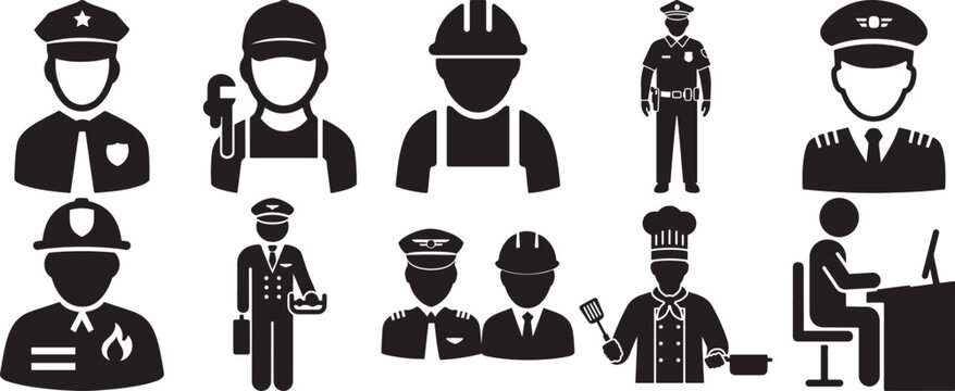 Collection of career icons: police officer, pilot, mechanic, chef, businessman, security