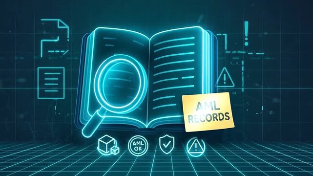 Digital book magnifying glass glowing neon AML records data analysis warning icons security verification alert futuristic compliance concept with digital glowing symbols and magnifying glass