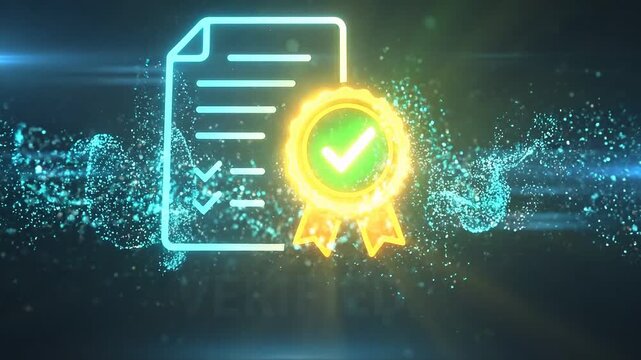 Verified document icon glowing checkmark badge digital authentication approval futuristic neon effect bright colors dark background symbolizing certification validation trust verification concept