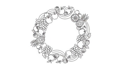 Fruit Wreath Outline - Fresh Healthy Food Circle Border Design