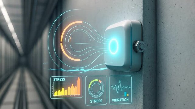 Smart sensor stress monitoring vibration detection industrial technology digital interface futuristic data visualization wall mounted device for structural health monitoring system industrial