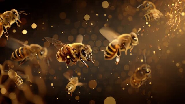 Golden Honey Bees Flying Together.