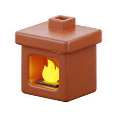 3d rendered small brick house with a chimney and a fire burning inside