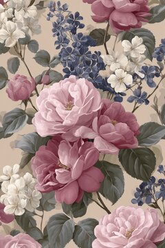 floral pattern inspired by Regency era aesthetics, roses and wildflowers, pastel color, vintage illustration style, romantic pattern
