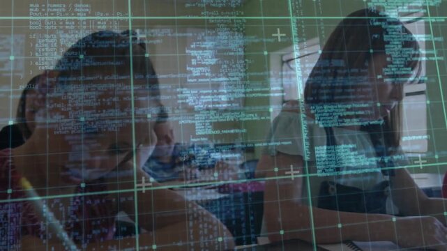 Students writing at desks, showing digital code grid overlay for coding education