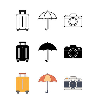 Travel and vacation icons set featuring suitcase umbrella and photo camera in outline solid and colorful flat design styles for tourism