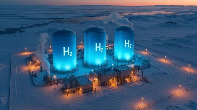 Hydrogen storage tanks glowing blue at night in snowy industrial facility with cold landscape and steam rising, illuminated by warm lights creating futuristic clean energy atmosphere