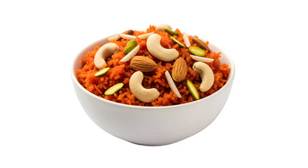 Fototapeta premium Indian Gajar Halwa in white bowl, traditional carrot dessert with cashews, almonds, and pistachios, isolated on white
