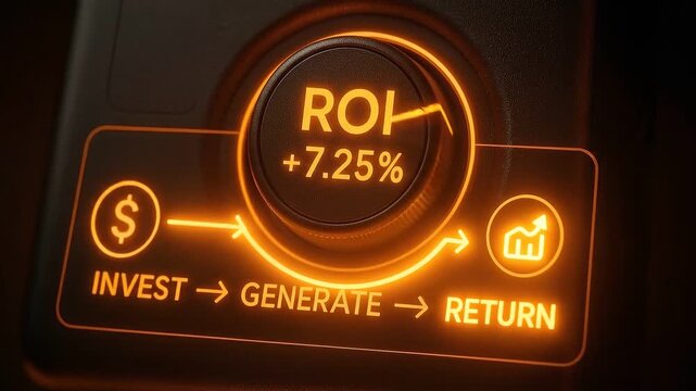 Investment return concept glowing orange digital interface showing ROI 7.25 percent profit increase financial growth percentage cycle and investment strategy visualization for maximum finance profit