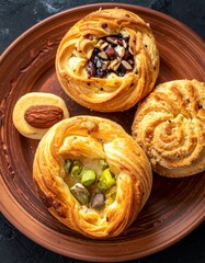 Assorted pastries on a brown plate, filled with nuts & fruit, atop a dark surface