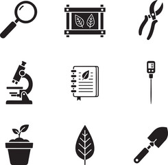 Botany and Gardening Research Icon Set with Microscope, Pruning Shears, Trowel and Plant Press Vector