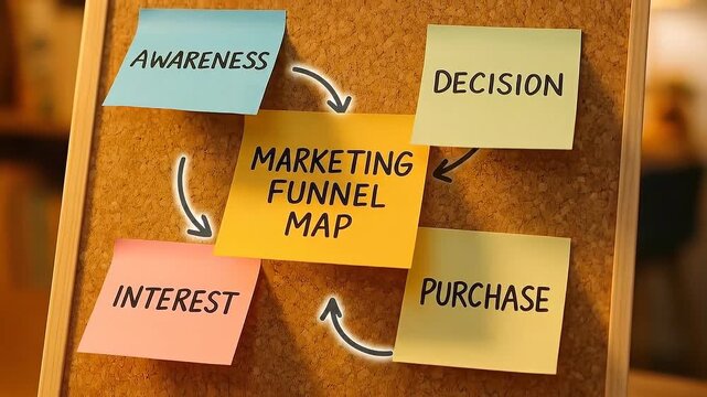 Marketing funnel map featuring awareness, interest, decision, and purchase stages displayed on sticky notes pinned to corkboard illustrating customer journey and business strategy process