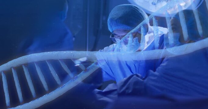 Upon 3D DNA helix emerging, surgeon adjusting retractor and drifting helix guiding medical team