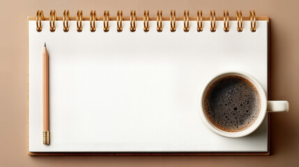 Empty notebook and cup of coffee on a flat surface