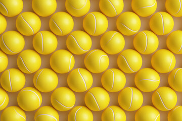 Bright yellow tennis balls on a flat surface in even arrangement