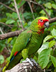 Naklejka premium Parrot perched on a branch in a lush forest