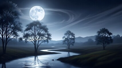 Fototapeta premium Serene landscape under full moon with river flowing through trees at night in a peaceful environment