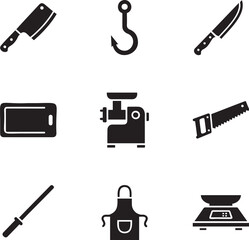 Professional Butcher Shop and Meat Processing Icon Set with Cleaver Grinder and Scale Vector
