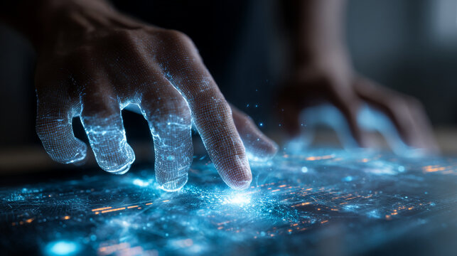 Hand touching a futuristic digital interface with glowing blue and orange lights.